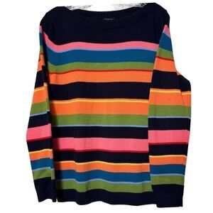 Talbots Womens Med Navy Blue Multi Color Striped Boat Neck Cotton Blend Sweater